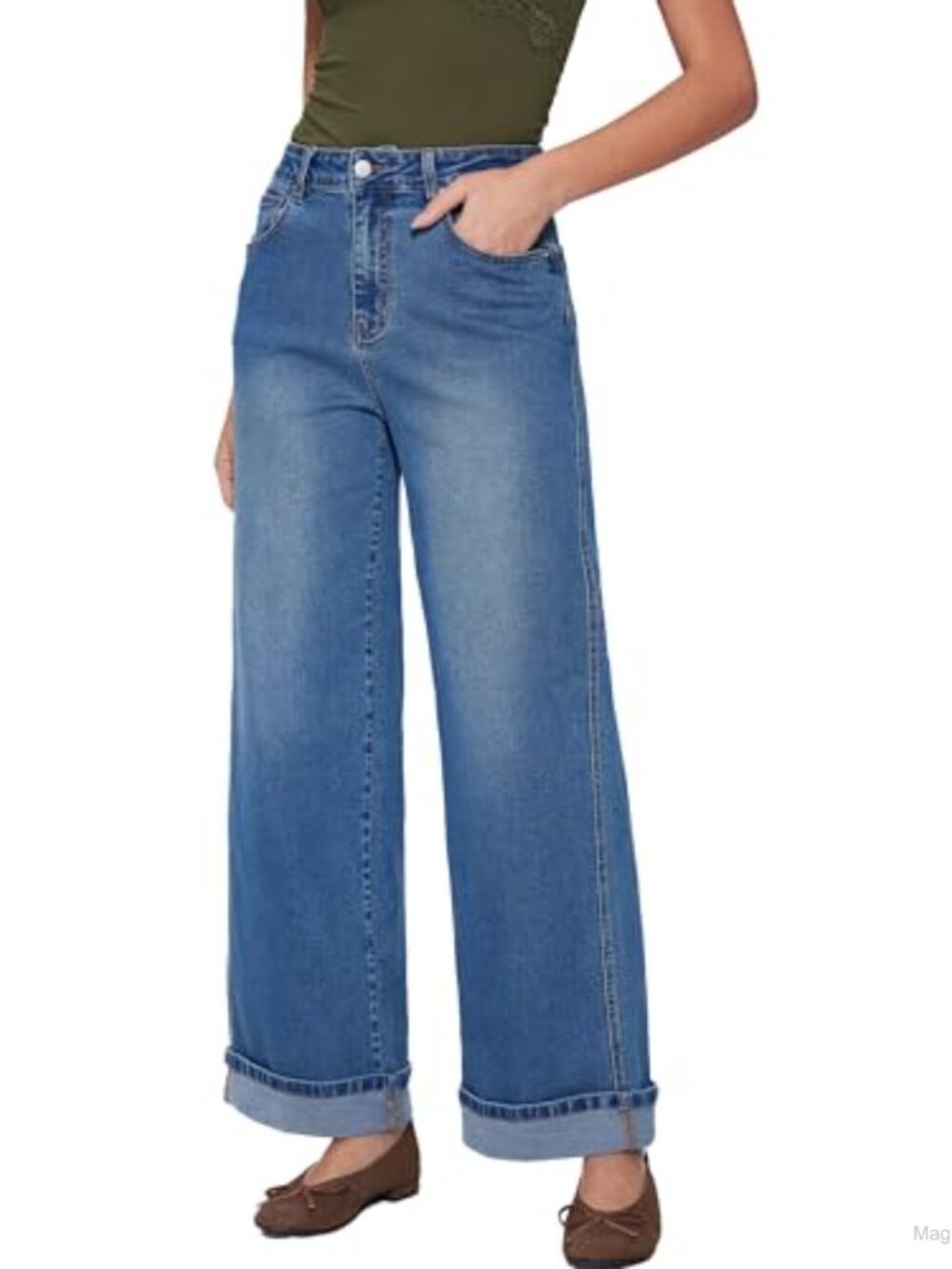 Wide Leg Baggy Jeans High Stretch Folded Hem Boyfriend Denim Pants